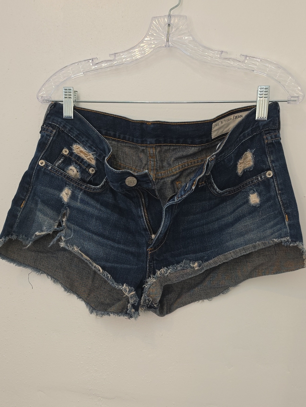 Rag &Bone Blue Dark Wash Distressed Cotton Denim Shorts 27 - Picture 2 of 4